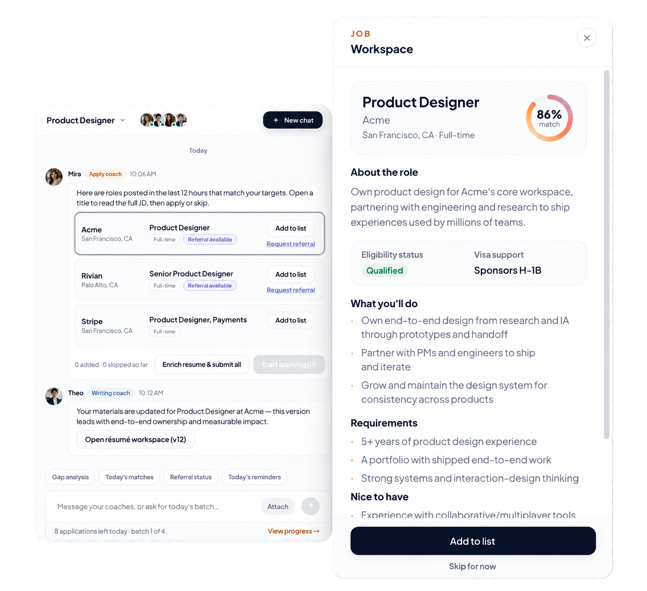 Product interface preview for Opportunity matching